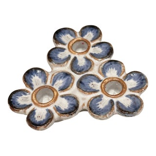 1960s L. Hjorth Flower Shaped Blue & Grey Ceramic Candle Holder Denmark For Sale