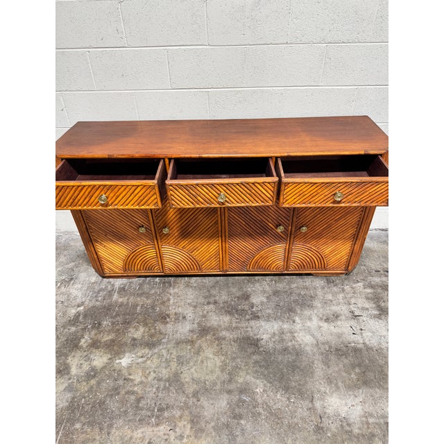 Vintage Coastal Bho Pencil Reed Style Bamboo Credenza For Sale - Image 4 of 9