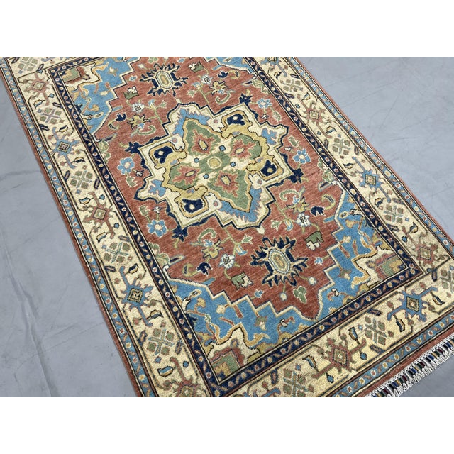 Terracotta Persian Style Heriz Wool Rug With Blue Accents, 3'11" X 6'3" For Sale - Image 4 of 14