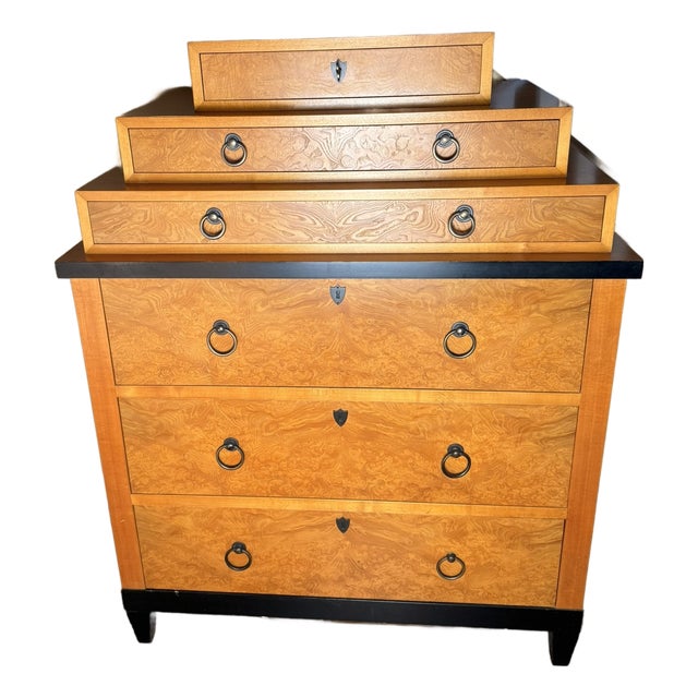 1980s Baker Furniture Biedermeier Style Burl Wood Chest of Drawers For Sale