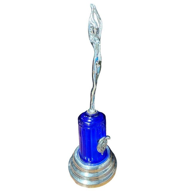 Art Deco 1980s Art Deco Style Chrome & Cobalt Nude Figural Lamp W/ Light-Up Cobalt Glass Base For Sale - Image 3 of 10