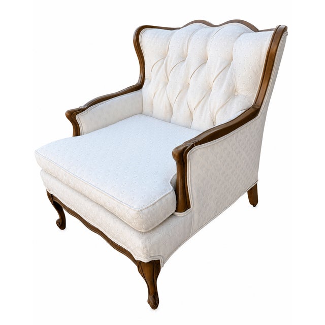 French Provincial Vintage French Provincial Cream Tufted Wingback Lounge Accent Chair Attributed to Bassett Furniture For Sale - Image 3 of 6