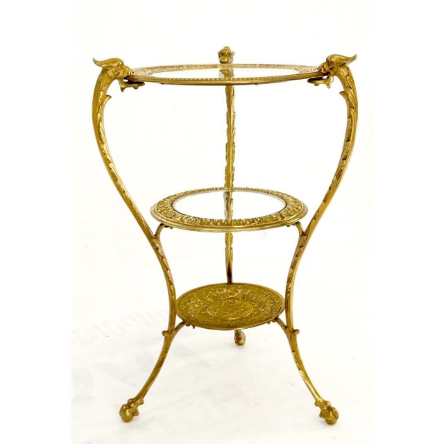 Maison Jansen 3 Tier Solid Cast Brass Glass Top Tri Legged Dragon Motive Stand For Sale - Image 4 of 14