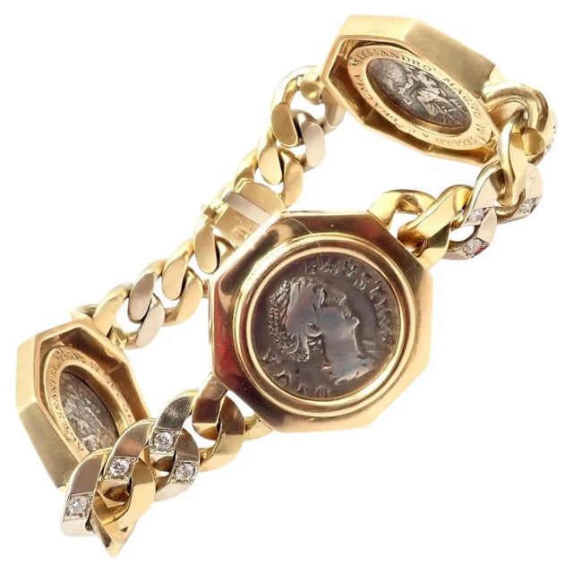 Bulgari Vintage Monete Three Large Ancient Coin Diamond Gold Link Bracelet For Sale - Image 13 of 17
