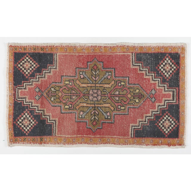 Traditional Turkish Entry Rug – Geometric Medallion & Floral Motifs -1' 9'' X 3' 4'' A vintage Turkish handwoven door mat...