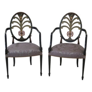 Hepplewhite Paint Decorated Open Arm Chairs - a Pair For Sale