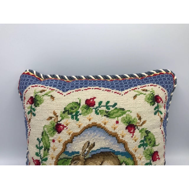 1960s Blue and White Needlepoint Pillow With Floral and RabbitHare