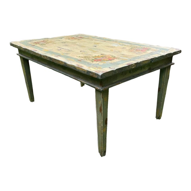 Vintage Primitive French Country Style Floral Paint Decorated Dining Table For Sale