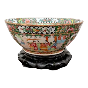 19th Century Chinese Export Rose Medallion Bowl & Hardwood Stand
