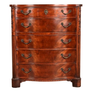 Century Furniture Georgian Carved Flame Mahogany Serpentine Front Five-Drawer Highboy Dresser | Circa 1950s For Sale
