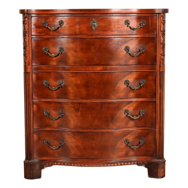 Century Furniture Georgian Carved Flame Mahogany Serpentine Front Five-Drawer Highboy Dresser | Circa 1950s For Sale
