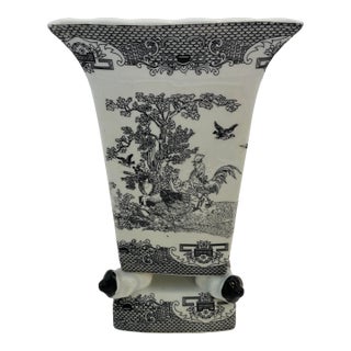 Chinese Black & White Porcelain Vase, Figural Rooster Garden Scene For Sale