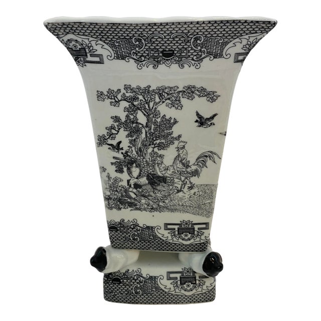 Chinese Black & White Porcelain Vase, Figural Rooster Garden Scene For Sale