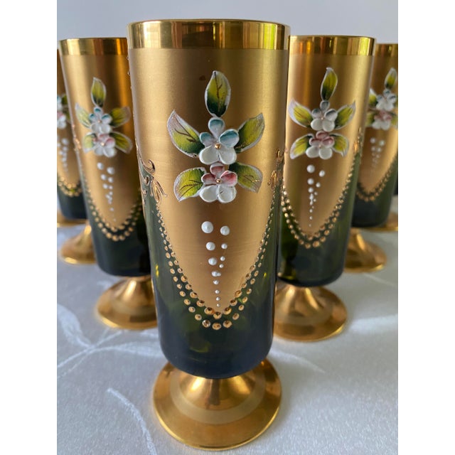 1950s Mid-Century, Blown Glass Cocktail Glasses, Salviati Murano Attributed, Green & Gold, Cylindrical Shape, Short Stem- Set of 11 For Sale - Image 12 of 17