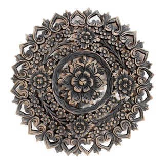 Vintage Antique Burn Carved Boho Medallion Wall Panel 18" For Sale