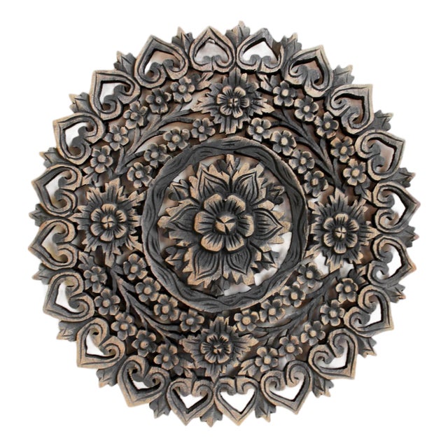 Vintage Antique Burn Carved Boho Medallion Wall Panel 18" For Sale