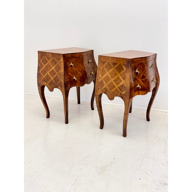 Pair of Italian Bombe Commodini W Geometric Marquetry and Brass Hardware, 1950s For Sale - Image 4 of 16