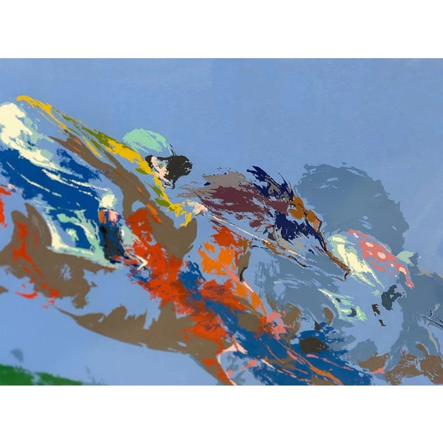 This limited edition serigraph captures the spirit of a dynamic equestrian in abstract form. The artwork features a...