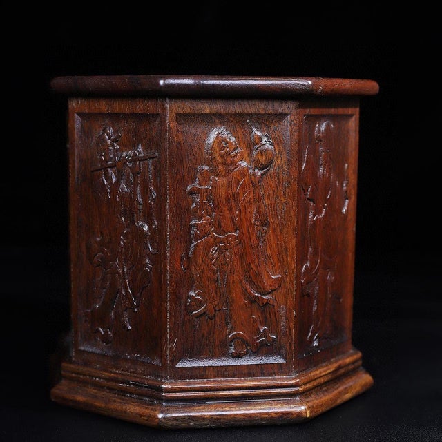 Chinese Vintage Chinese Huali Rosewood Brush Pot | Octagonal Carved Eight Immortals Motif For Sale - Image 3 of 10