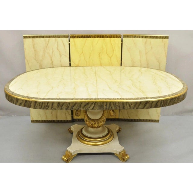 Yellow Late 20th Century Italian Regency Cream & Gold Gilt Lacquered Urn Pedestal Dining Table - 3 Leaves For Sale - Image 8 of 16
