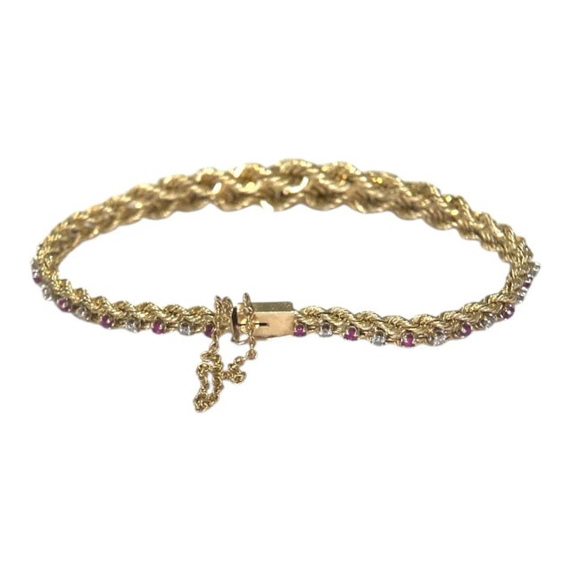 Vintage 14k Yellow Gold Ruby & Diamond Graduating Rope Bracelet For Sale - Image 4 of 9