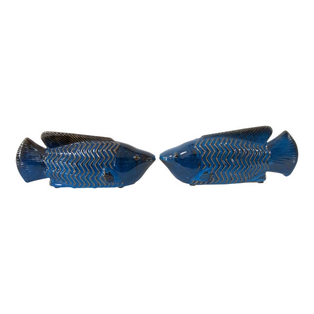 Navy Blue Ceramic Fish Figurines A Pair Chairish