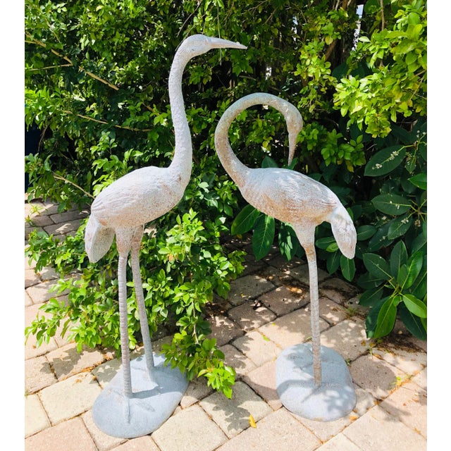 Large Vintage Bronze & Verdigris Finish Crane Sculptures - A Pair For Sale In Miami - Image 6 of 7
