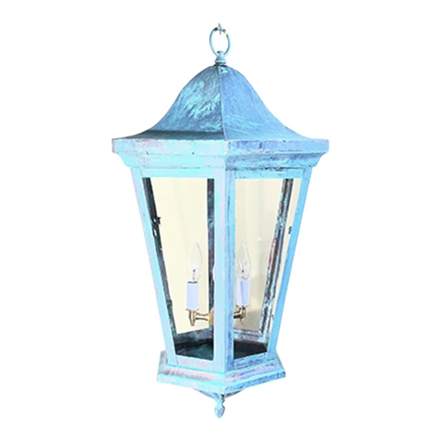 Large Vintage Solid Brass Hexagonal Lantern – Verdigris Patina For Sale