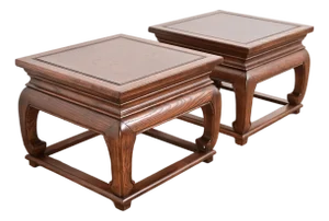 Michael Taylor for Baker Furniture Hollywood Regency Chinoiserie Burl Wood Side Tables, Newly Refinished