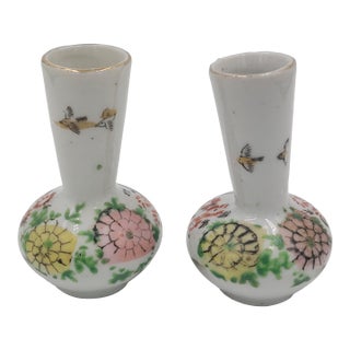 Mid 20th Century Miniature Japanese Hand-Painted Bird & Floral Bud Vases - Pair For Sale