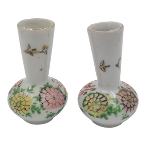 Mid 20th Century Miniature Japanese Hand-Painted Bird & Floral Bud Vases - Pair