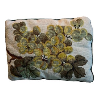 Vintage Needlepoint Pillow Green Grapes Design Rectangle Velvet Back/Zipper For Sale