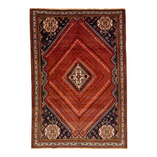 1960s Vintage Persian Shiraz Handmade Red Medallion Wool Rug For Sale