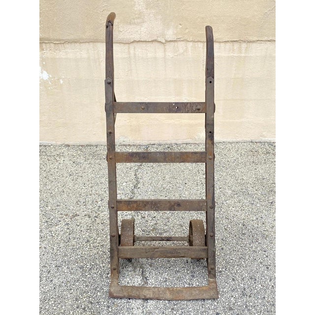 Antique Industrial Vintage Oak Wood and Steel Metal Factory Hand Truck Decorative Item. Circa Early 20th Century....