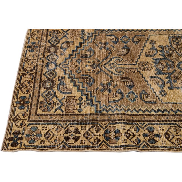 1960s Vintage Persian Distressed Handmade Geometric Brown Wool Rug For Sale - Image 4 of 7