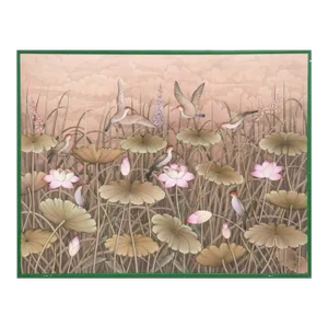 Vintage Large Balinese Painting Birds & Lotus Flowers