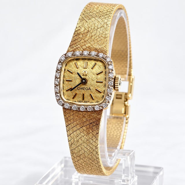 Mid-Century Modern Mid 20th Century Classic Omega 14k Yellow Gold Diamond Halo Ladies Quartz Watch For Sale - Image 3 of 4