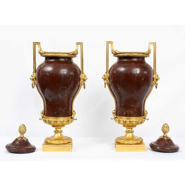 Large 19th Century Napoleon III Vases in Red Griotte Marble and Gilded Bronze, France, Set of 2 For Sale - Image 3 of 4