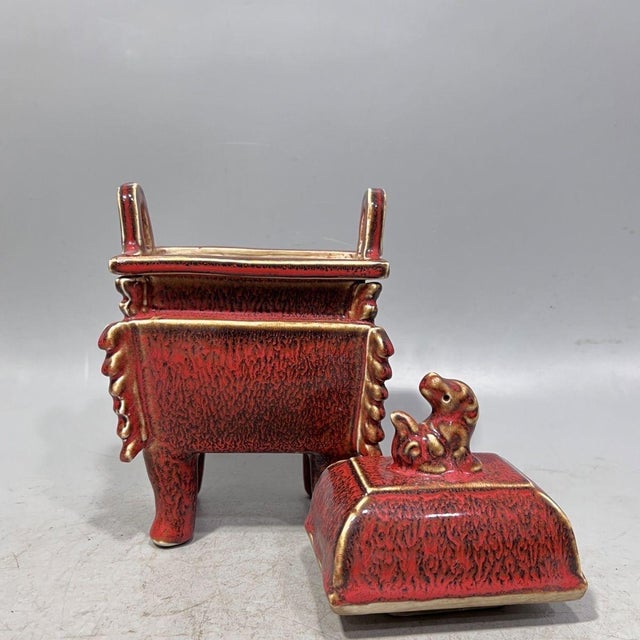 Chinese Red Glazed Gilt Bronze-Form Quadripod Censer With Beast Finial, Marked "Ming Xuande" (Fang Ding) For Sale In Los Angeles - Image 6 of 9