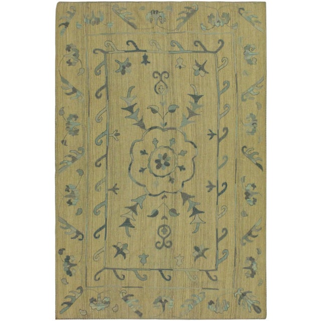 1990s Tribal Embroidered Ikat Kilim Gray/Blue Wool Rug- 5'10 X 7'10 For Sale