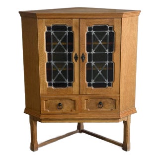 Vintage Danish Oak Corner Cabinet in Style of Henning Kjærnulf Leaded Glass Bar Cabinet For Sale