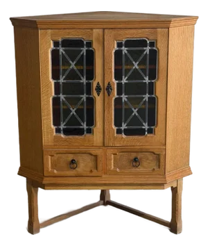 Vintage Danish Oak Corner Cabinet in Style of Henning Kjærnulf Leaded Glass Bar Cabinet
