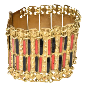 1950's Grecian Gold Plated Metal With Red and Black Enamel Cuff Bracelet