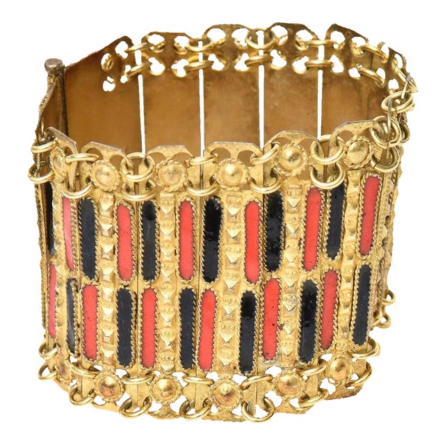 Vintage Grecian Gold Plated Metal With Red and Black Enamel Cuff Bracelet MCM For Sale