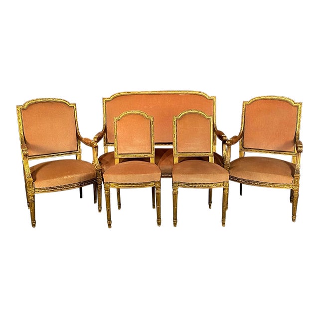 Antique French Louis XVI Salon Suite With Sofa Armchairs & Side Chairs -Set of 5 For Sale