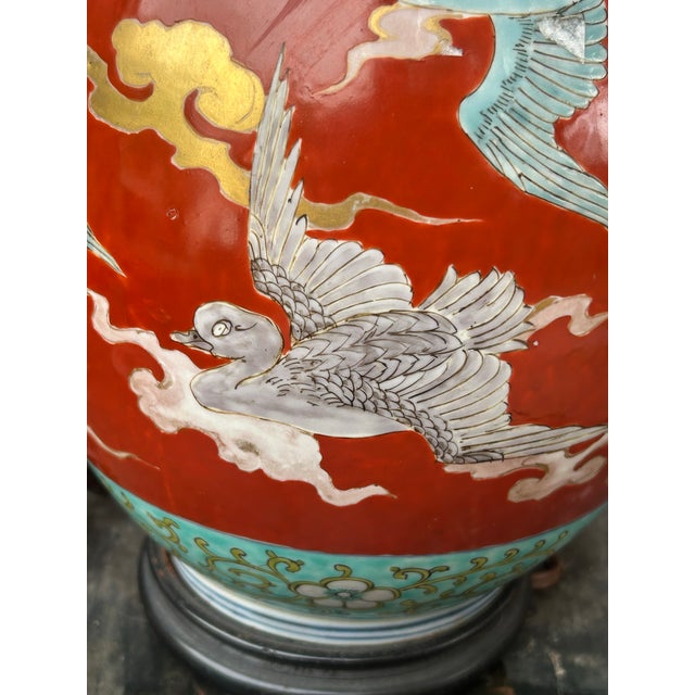 Early 20th C. Japanese Fukagawa Imari Crane Lamp With Silk Bell Shade & Brass Finial - Fully Rewired For Sale - Image 11 of 12