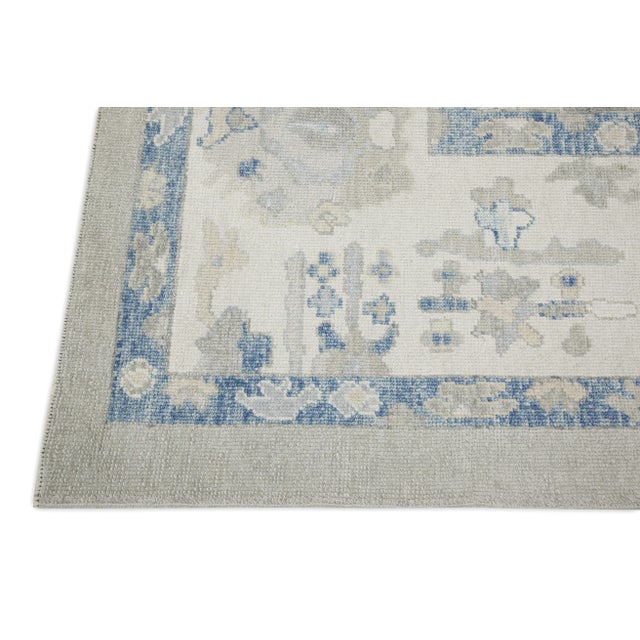 Modern Early 21st Century Green & Blue Floral Design Handwoven Wool Turkish Oushak Rug 9' X 12'3" For Sale - Image 3 of 8