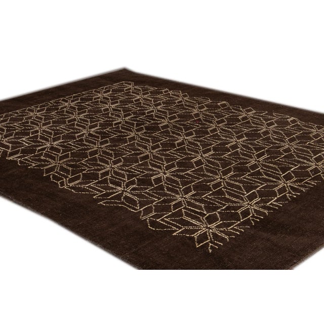Textile Modern Brown Deco Style Handmade Geometric Floral Wool Rug For Sale - Image 7 of 9