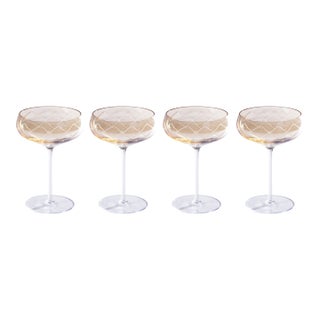 Audrey 4-Piece Set Hand Etched Coupe Glasses, Amber Luster For Sale