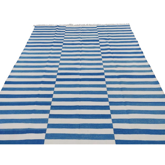 Textile Handmade Sky Blue and White Cotton Vegetable Dyed Striped Rug - 9'x12' For Sale - Image 7 of 10